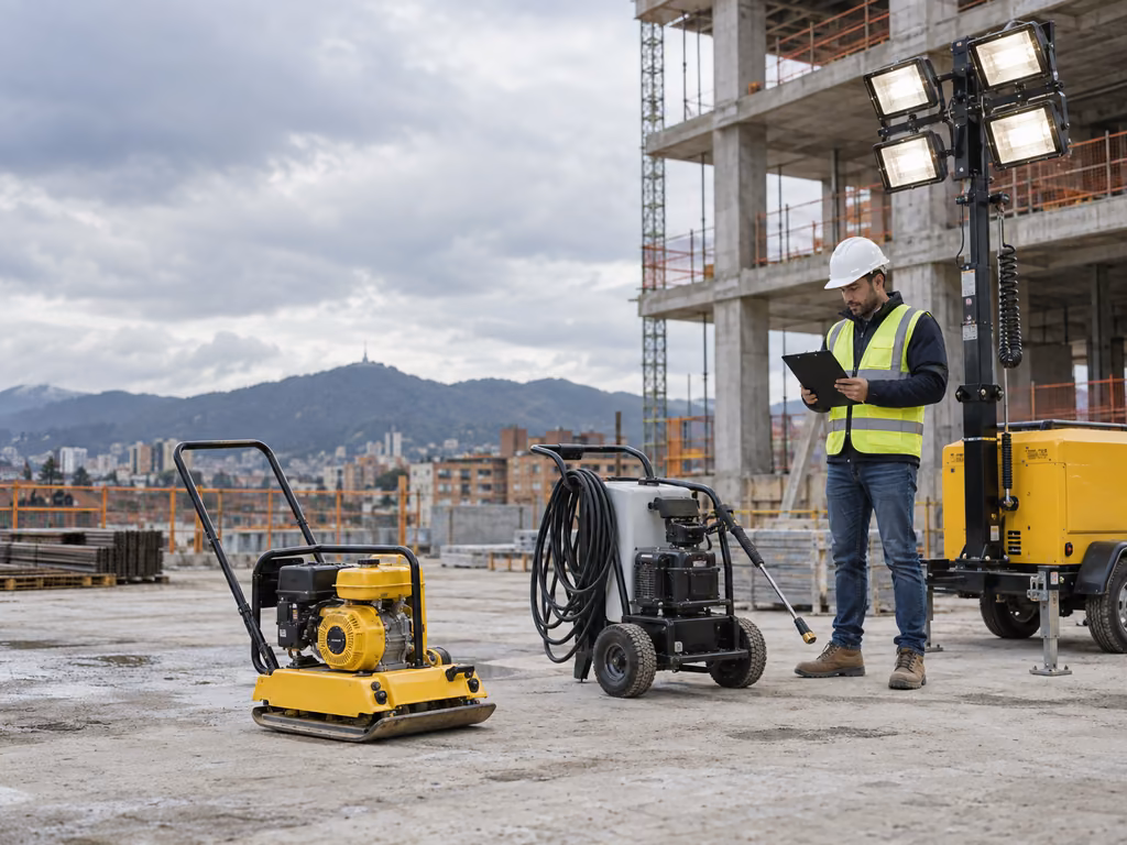 Equipos de compactación, limpieza e iluminación listos para una obra civil