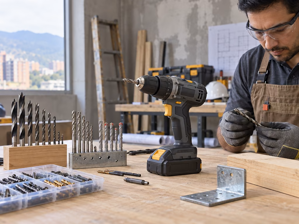 Taladro inalámbrico, batería y brocas elegidos para madera, metal y mampostería
