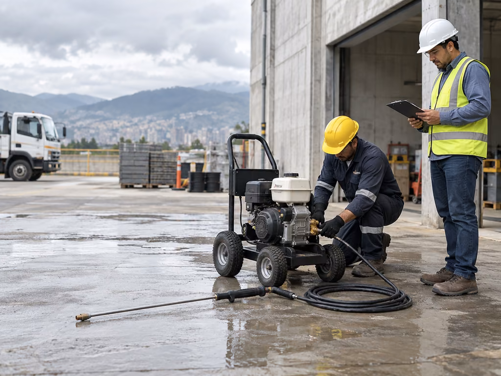 Supervisor preparando una hidrolavadora industrial a gasolina para limpieza en obra