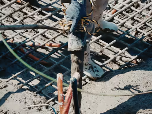 Aguja del vibrador insertada entre la armadura durante el vaciado de concreto
