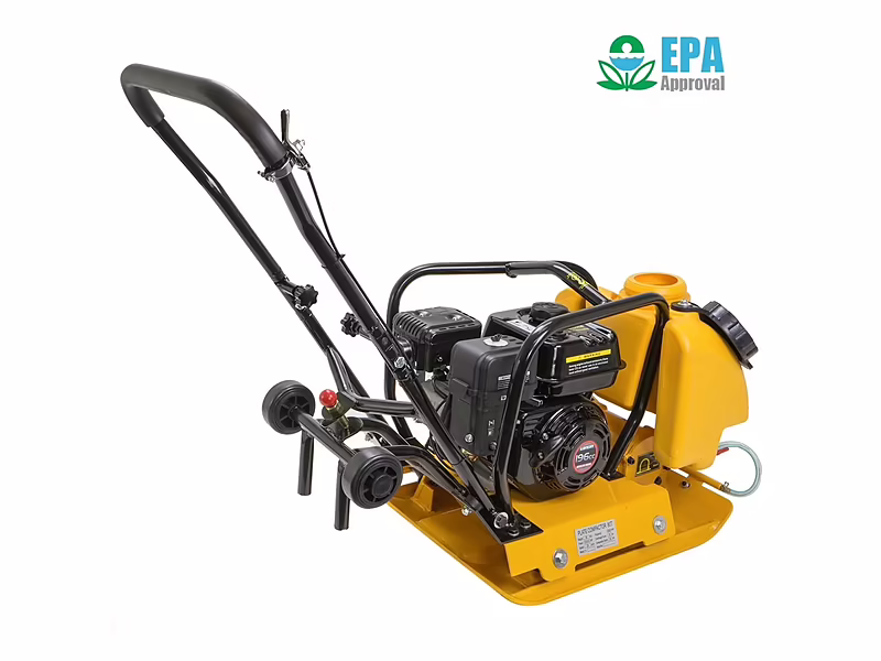 Rana compactadora con tanque Truper, vista lateral con certificación EPA y ruedas de transporte